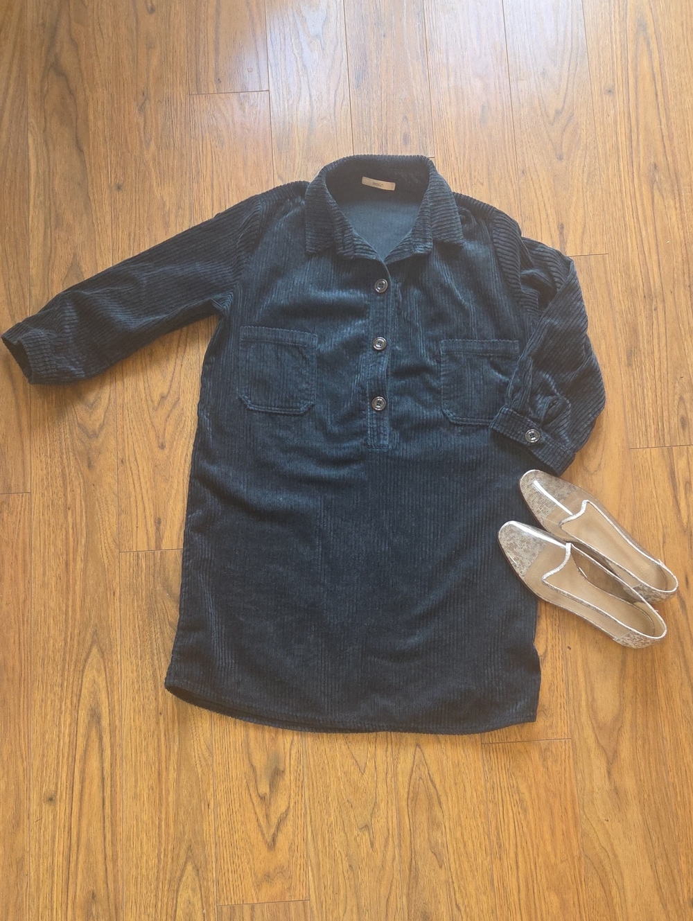 Sessun- Casual Corduroy Button-Up Mini Shirt Dress - Dark Green Size M